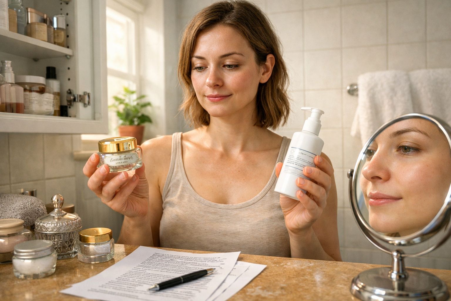 Mulher num banheiro segurando dois frascos de produtos de beleza enquanto lê informações em papel.