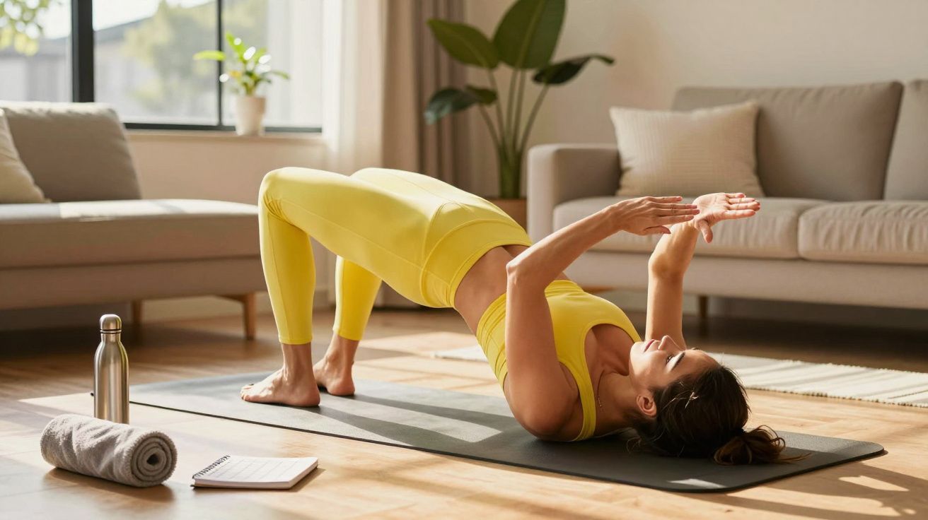 Mulher a fazer exercício de ponte em tapete de ioga numa sala com sofás e luz natural.