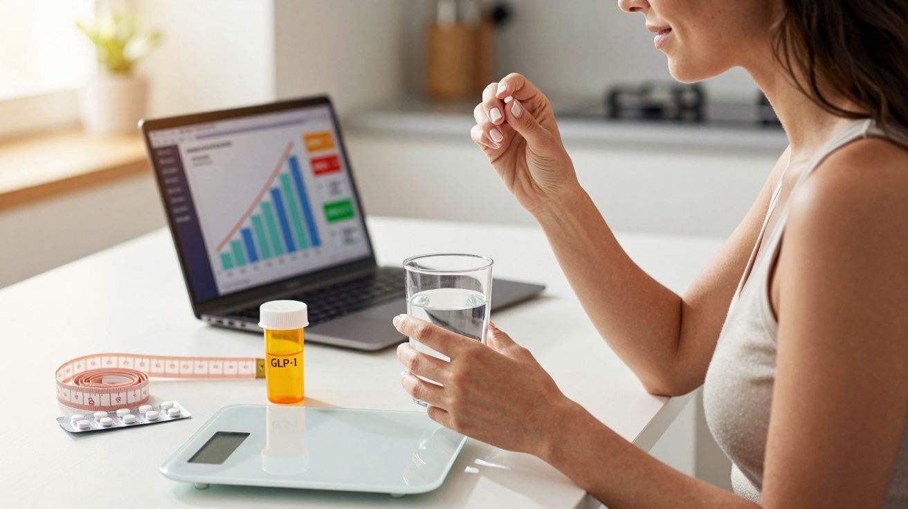 Mulher a tomar medicação com vidro de água na cozinha, perto de balança, fita métrica, medicamentos e computador.