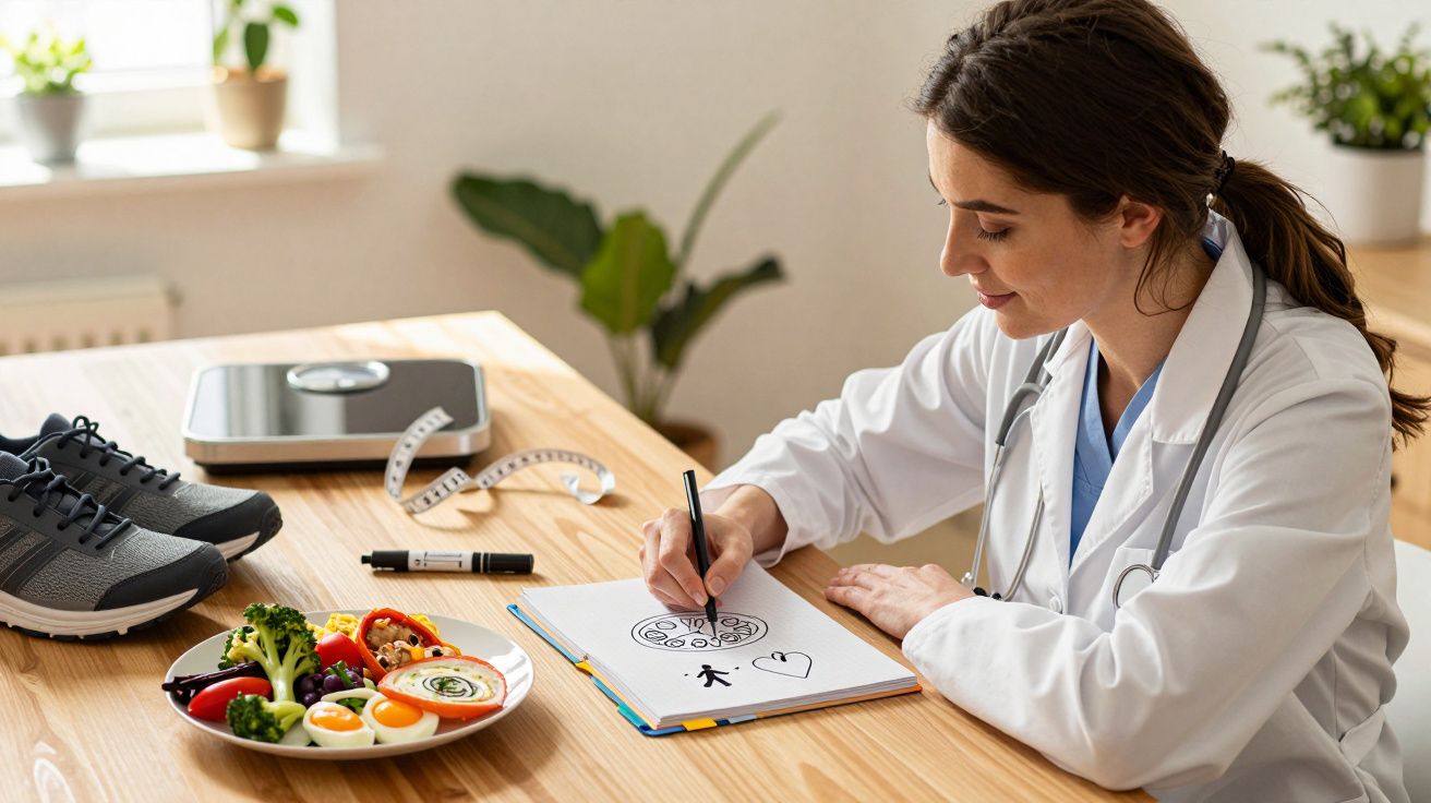 Nutricionista a desenhar plano alimentar, com prato de comida saudável e ténis sobre mesa.