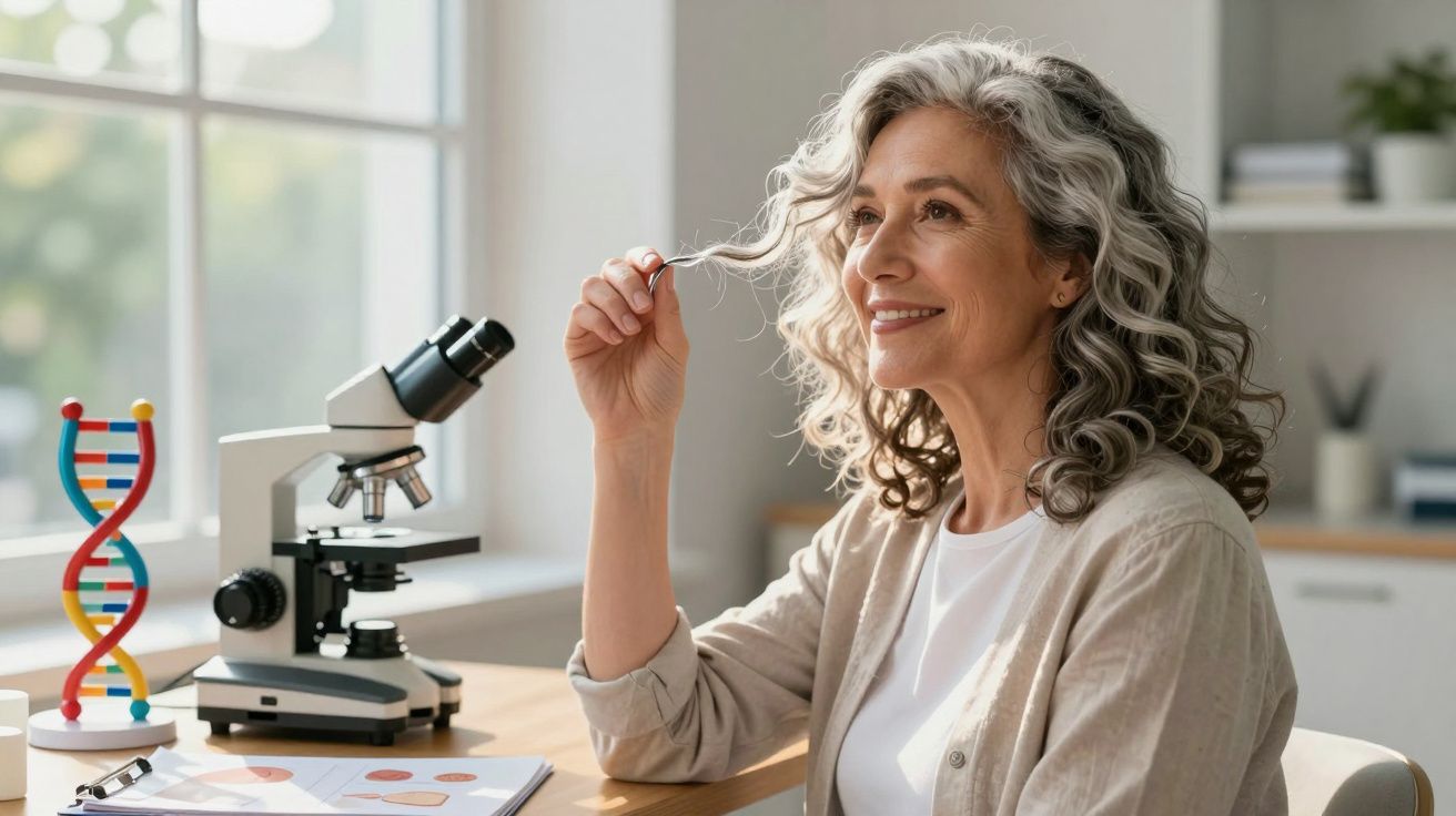 Mulher sénior sentada junto a microscópio e modelo de DNA, sorrindo e a enrolar cabelo grisalho.