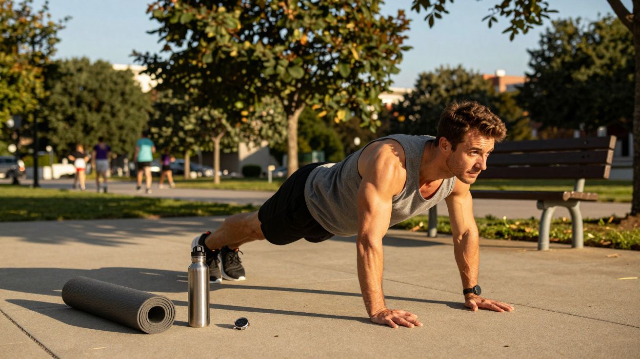 Homem faz flexão ao ar livre num parque urbano com tapete, garrafa e relógio no chão.