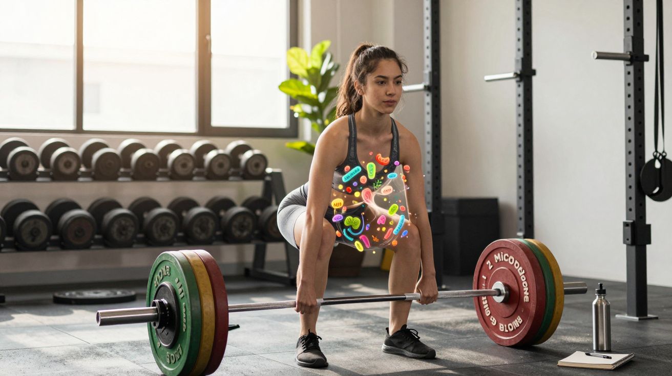 Mulher a levantar barra com pesos numa sala de ginásio, com ilustração colorida de bactérias sobreposto no corpo.