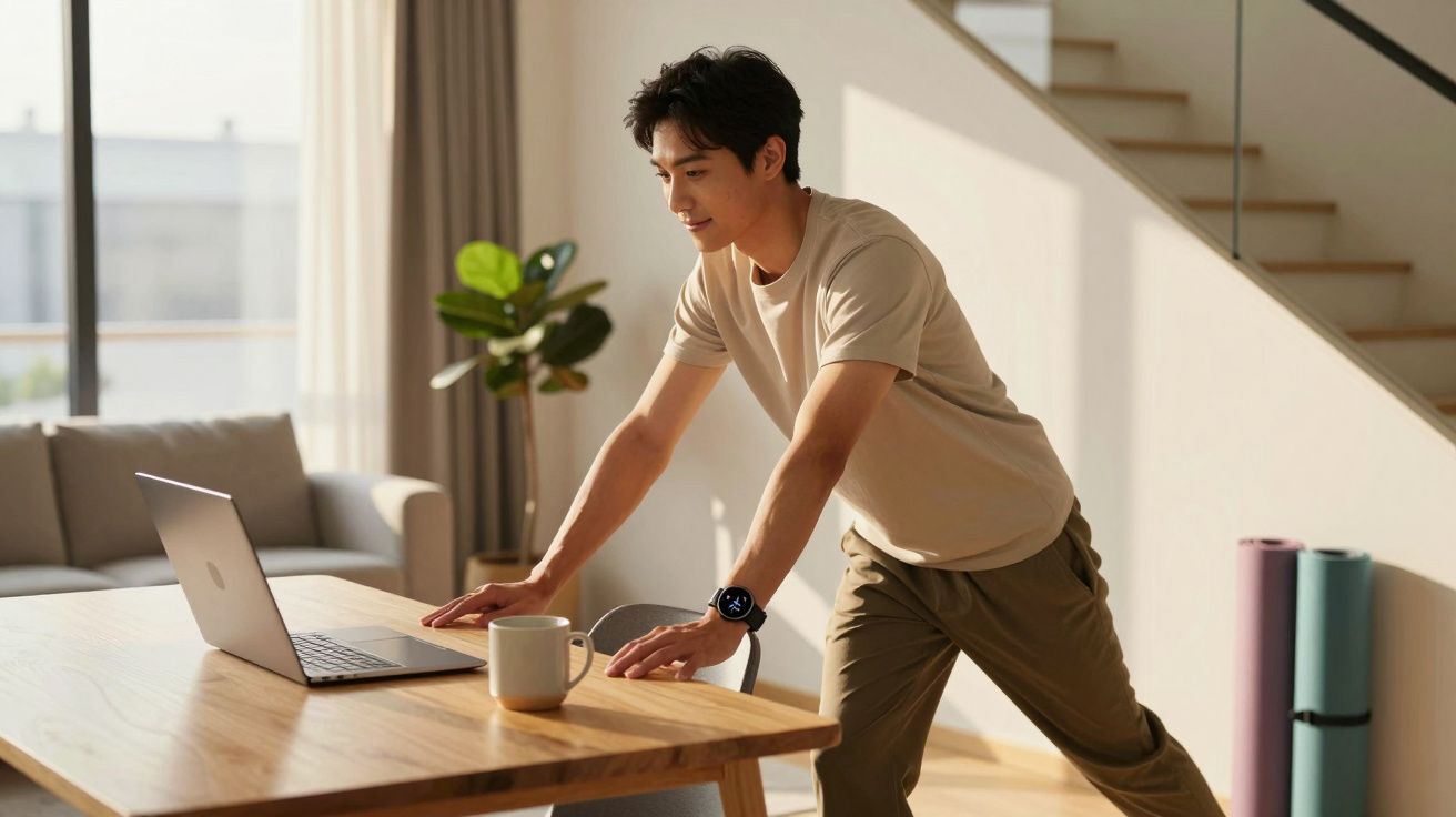 Homem jovem a fazer alongamento junto a uma mesa com computador portátil e caneca numa sala iluminada.