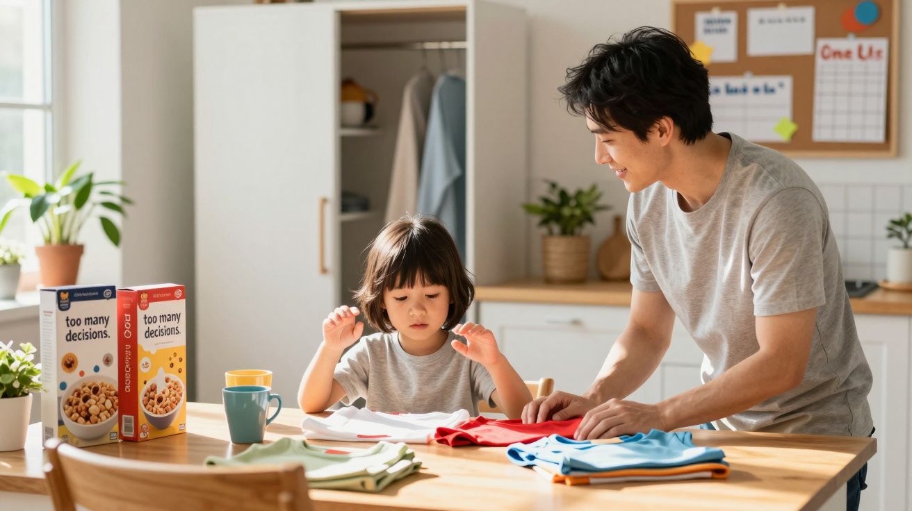 Pai e filho dobram roupa juntos à mesa da cozinha iluminada pela luz natural.