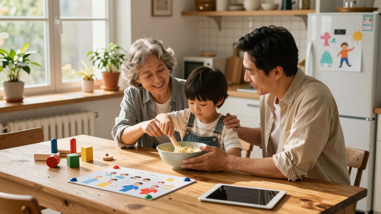Avó, pai e filho cozinham juntos e sorriem numa cozinha luminosa e acolhedora.