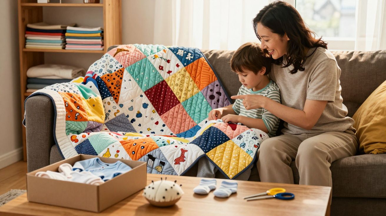 Mulher e criança sentados no sofá a olhar um cobertor colorido de retalhos com padrões infantis.