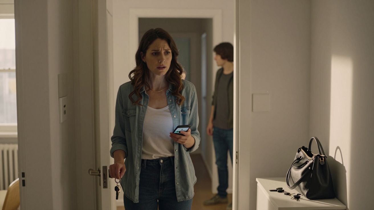 Mulher com expressão preocupada segura chave e telemóvel numa divisão, enquanto homem observa ao fundo.