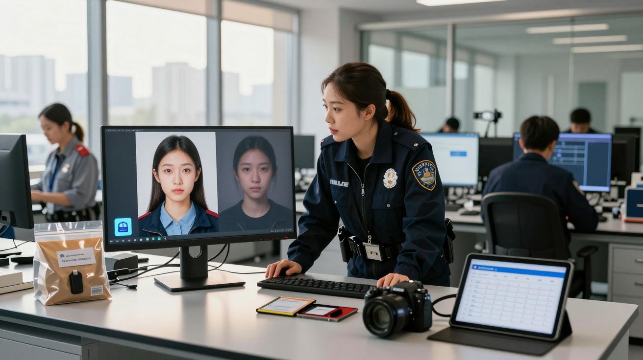 Polícia feminina analisa fotos de identificação num computador num escritório moderno de investigação.