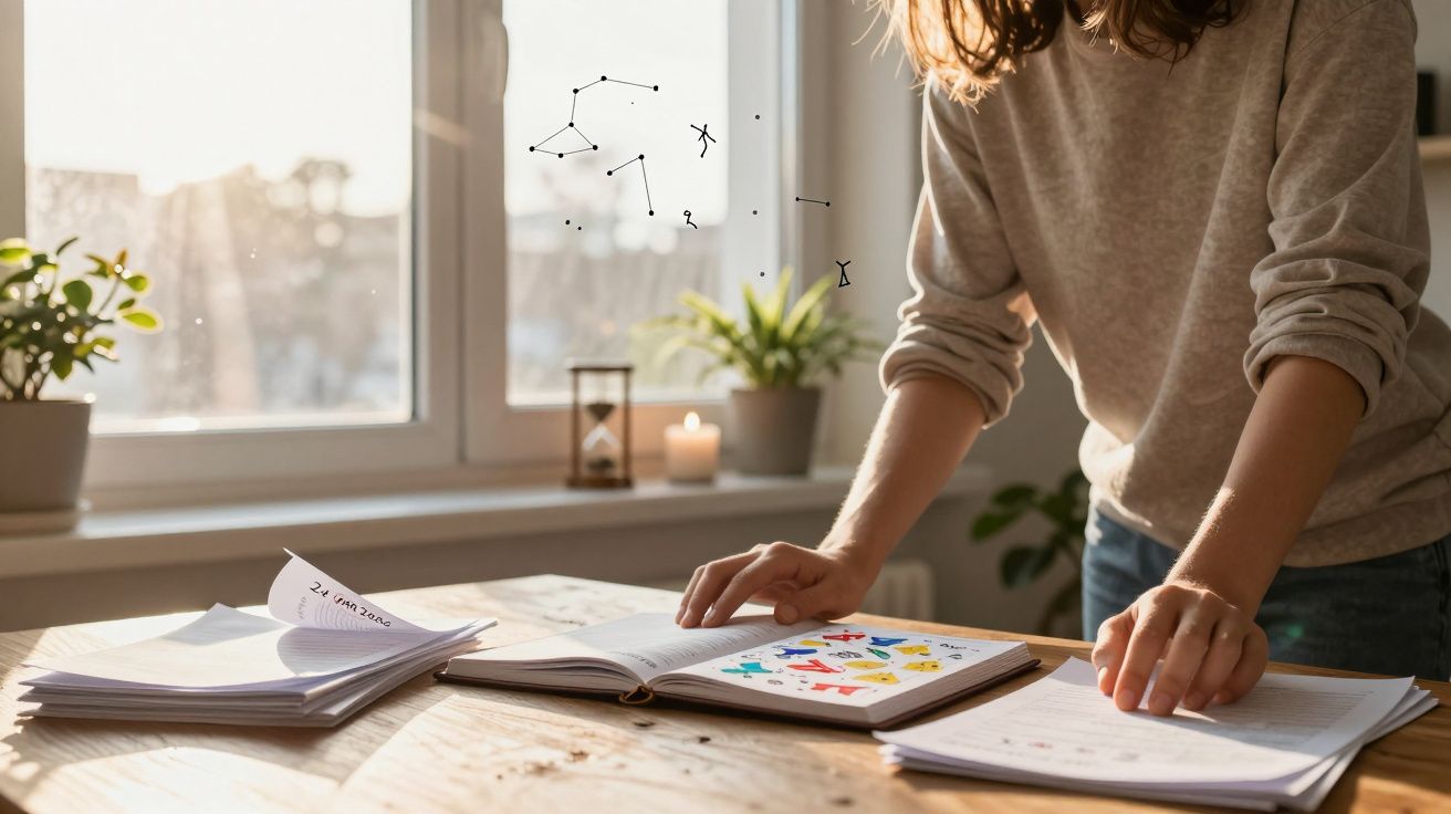 Pessoa a estudar num ambiente calmo com livros e plantas perto de uma janela iluminada pelo sol.