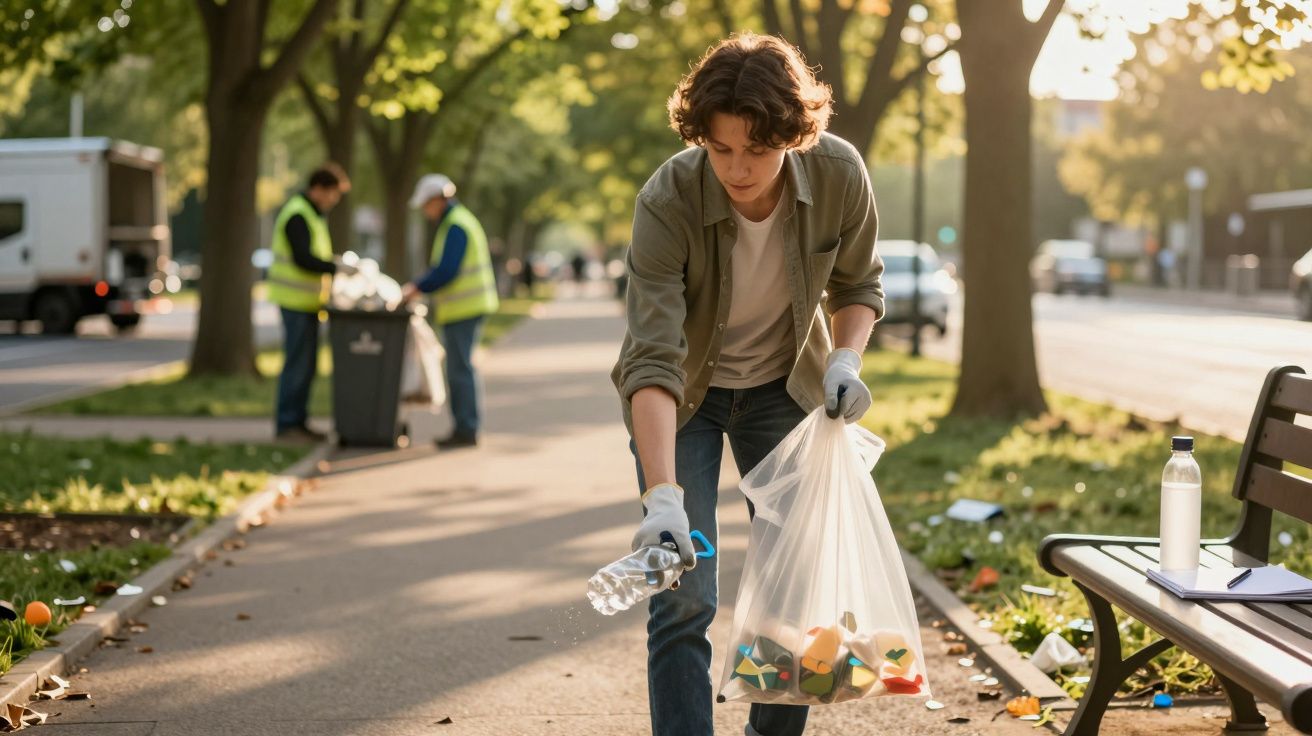 Jovem apanha lixo num saco plástico num parque urbano durante o dia, com outras pessoas a recolherem lixo ao fundo.
