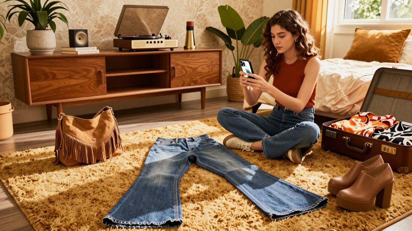 Jovem sentada no chão de quarto a tirar foto a jeans estendidos no tapete amarelo com mala aberta ao lado.
