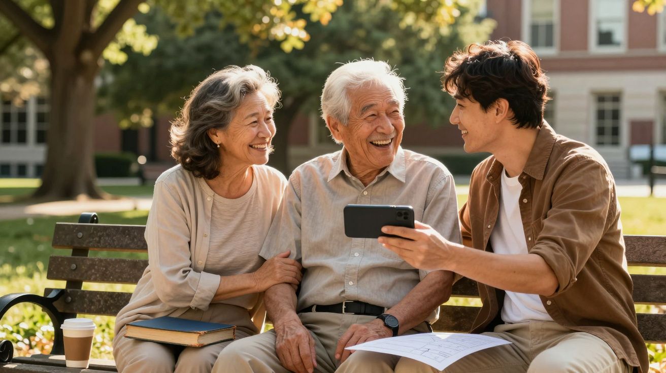 Jovem mostra algo no telemóvel a casal idoso sentado num banco de parque, todos sorrindo.