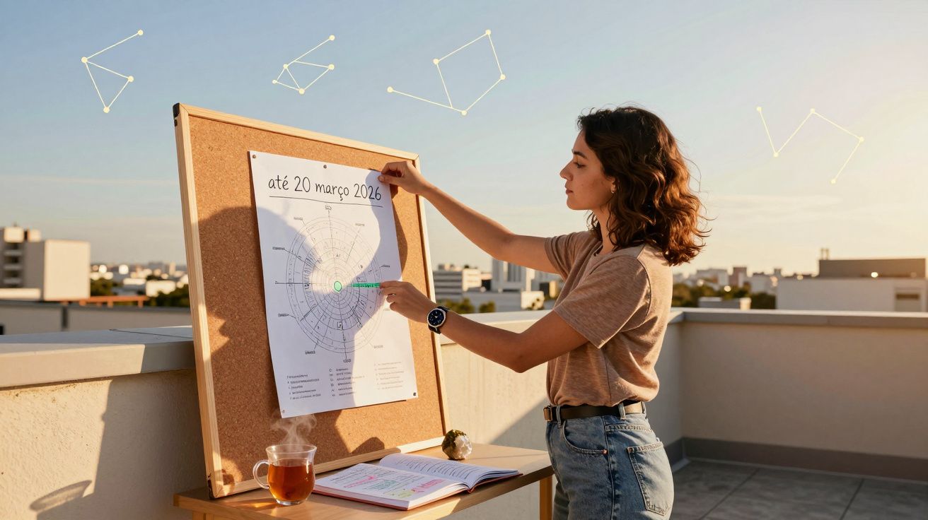 Mulher observa gráfico astronómico num quadro, ao ar livre, com chá e livro numa mesinha à sua frente.