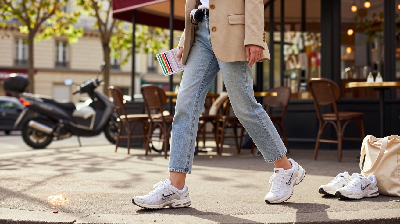 Pessoa a caminhar na rua com jeans, ténis brancos e um caderno colorido na mão junto a café com mesas.