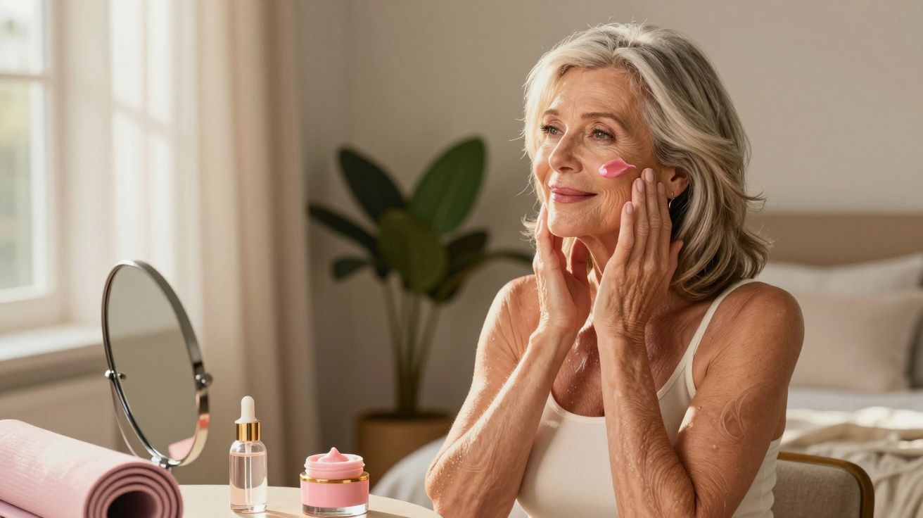 Mulher sénior aplica creme facial sentada ao lado de um espelho e produtos de beleza numa mesa.