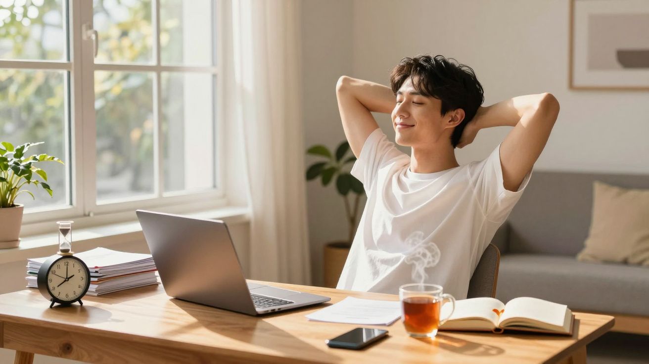 Jovem relaxa com os olhos fechados sentado à secretária com portátil, chá e livros numa sala iluminada.