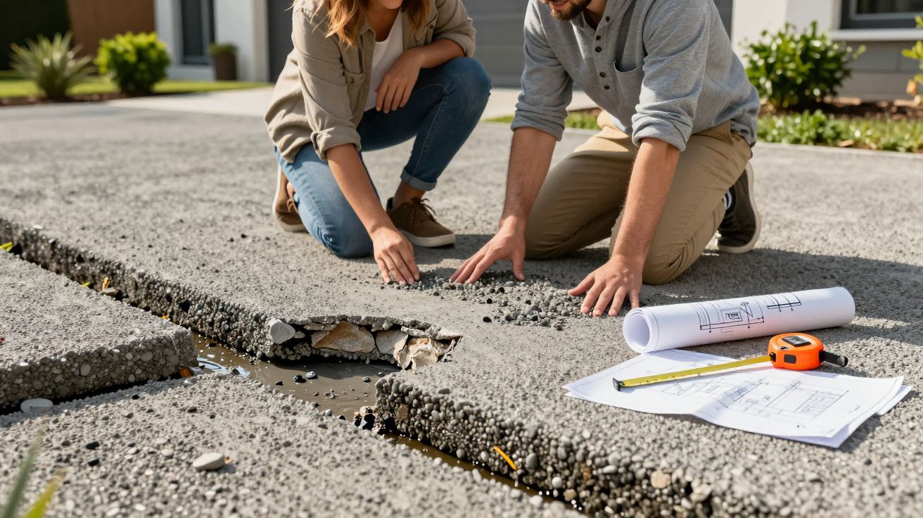 Homem e mulher de joelhos examinam fissura e desenhos técnicos em chão rachado de assentamento de terraço.