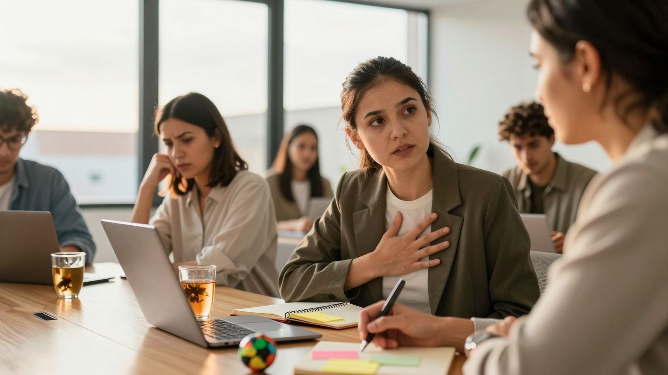 Grupo de jovens em reunião de trabalho, com atenção e discussão em escritório moderno.