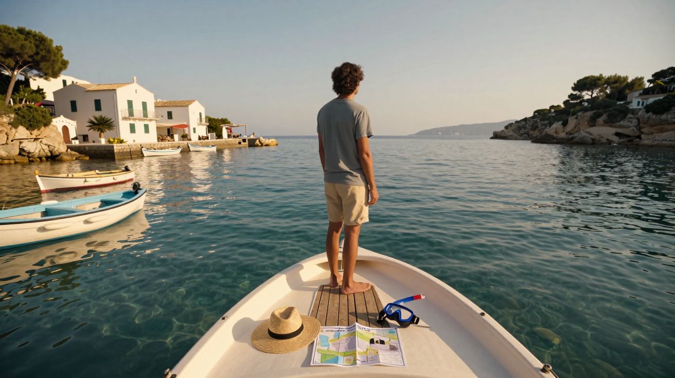 Homem de pé na proa de um barco com mapas e máscara de mergulho, com vista para casas e mar calmo ao pôr do sol.