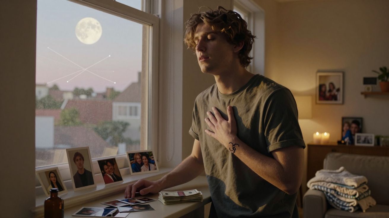 Rapaz com olhos fechados junto à janela com fotografias e notas de dinheiro numa mesa, sob a luz do luar.