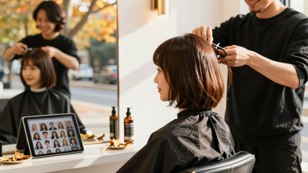 Cliente com capa preta a ser atendida por cabeleireiro numa loja com luz natural.