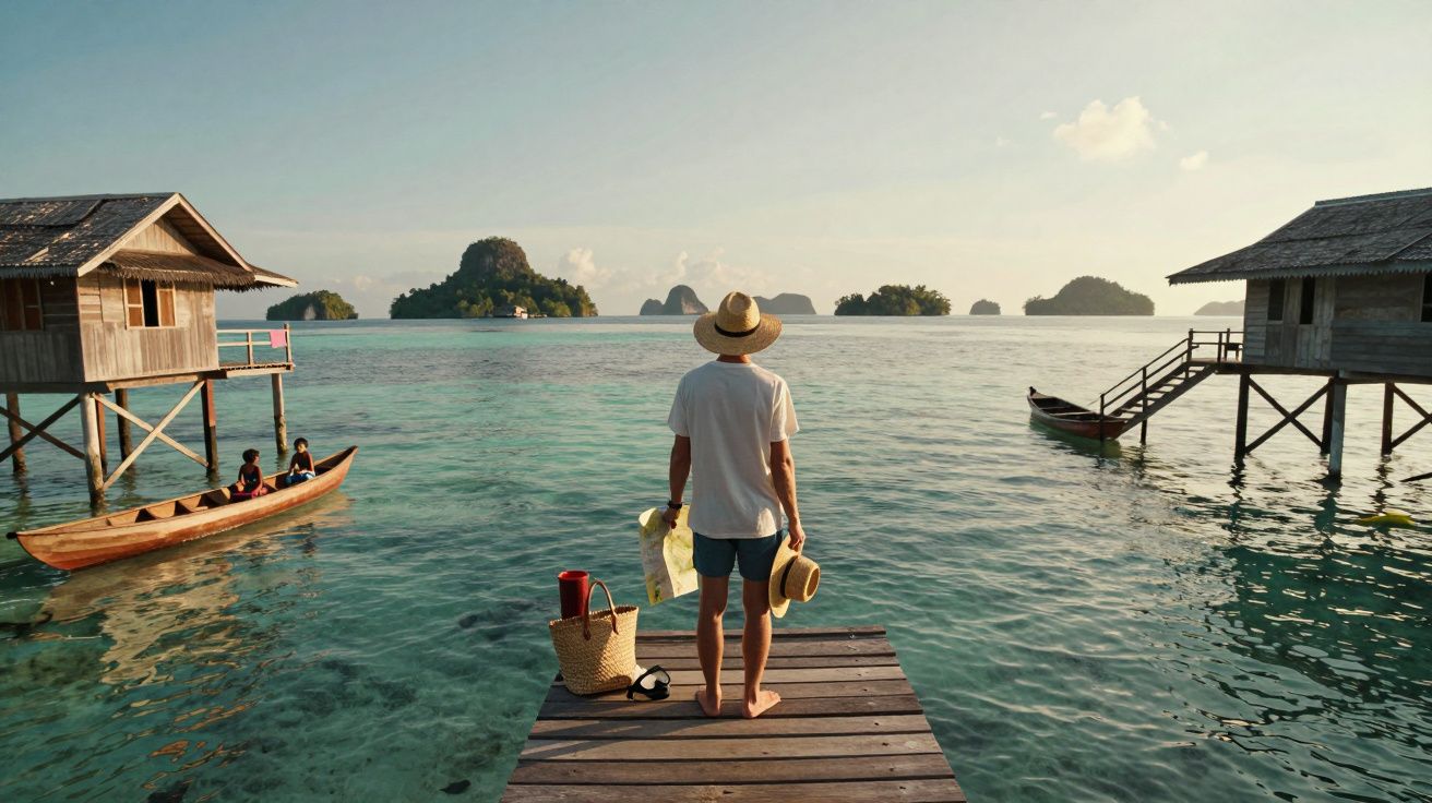 Homem de chapéu em cais de madeira a olhar para ilhas no mar, com barcos e casas sobre a água.