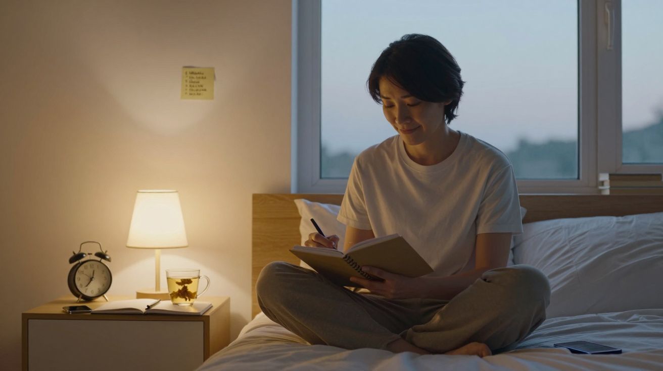 Mulher sentada na cama a escrever num caderno ao final da tarde, com relógio, chá e candeeiro na mesa de cabeceira.