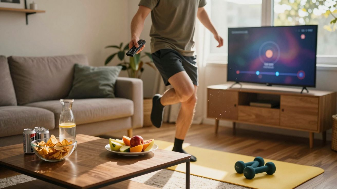 Homem a fazer exercício em casa com colchonete, halteres, frutas e bebidas na sala iluminada.