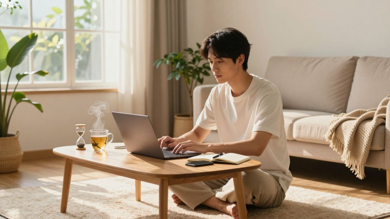 Jovem sentado no chão a trabalhar num portátil à mesa baixa, com chá quente, caderno e ampulheta ao lado.