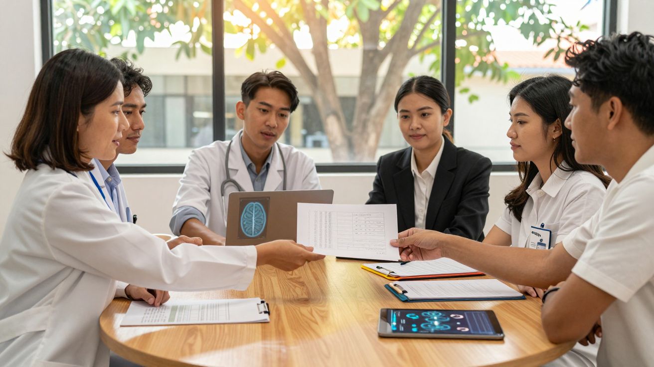Grupo de profissionais de saúde em reunião, analisando documentos e dados num tablet à mesa redonda.