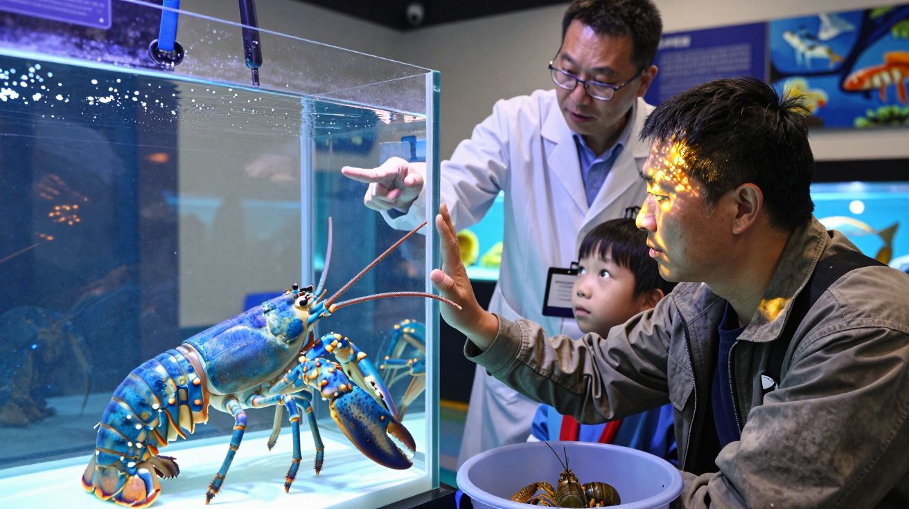 Homem, criança e especialista observam lagosta azul num aquário de exposição.