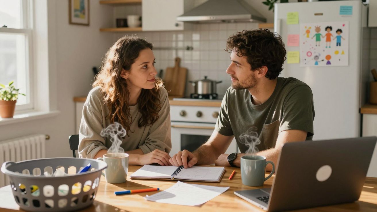 Casal sentado à mesa da cozinha, conversando com café quente, laptop aberto e caderno à frente.