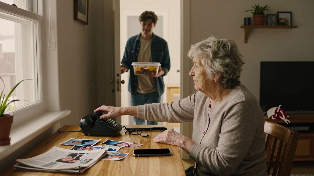 Idosa sentada à mesa ao telefone com fotos e jornal, homem jovem com caixa de fruta ao fundo.