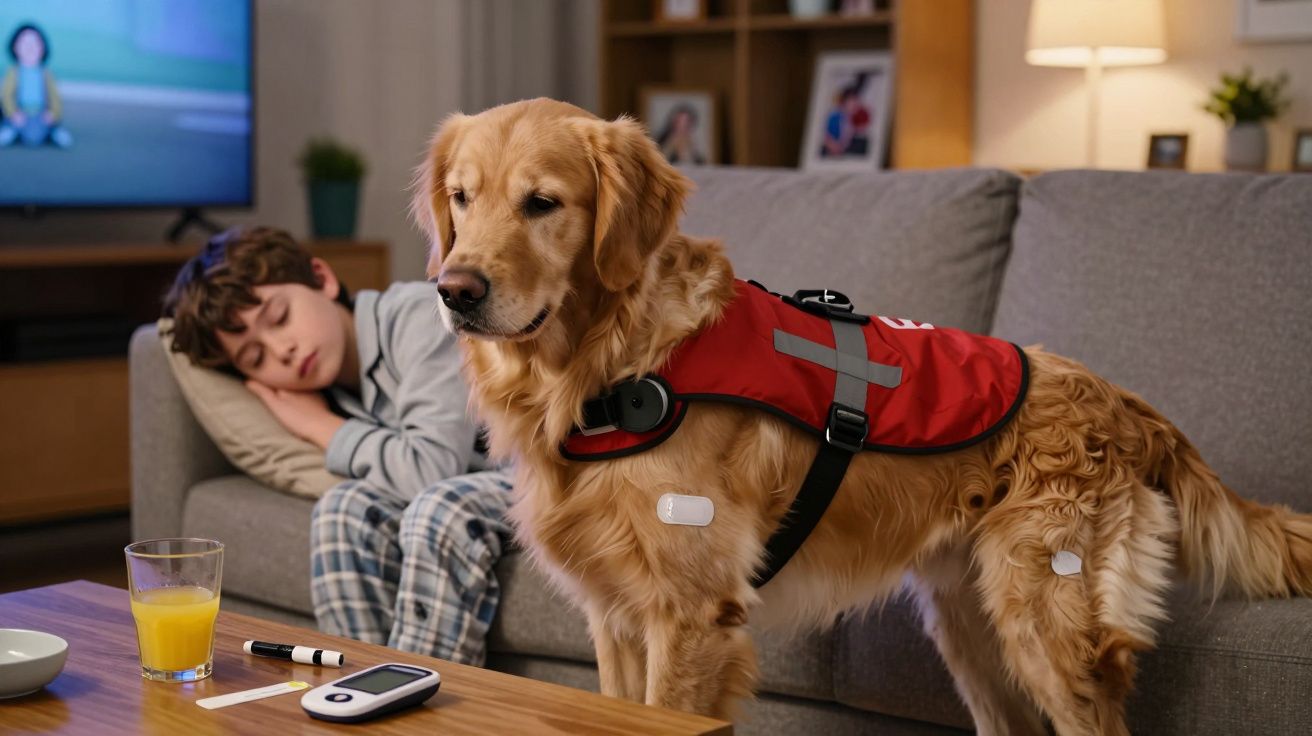 Cão de serviço com colete vermelho ao lado de criança adormecida no sofá, com dispositivos médicos e sumo na mesa.