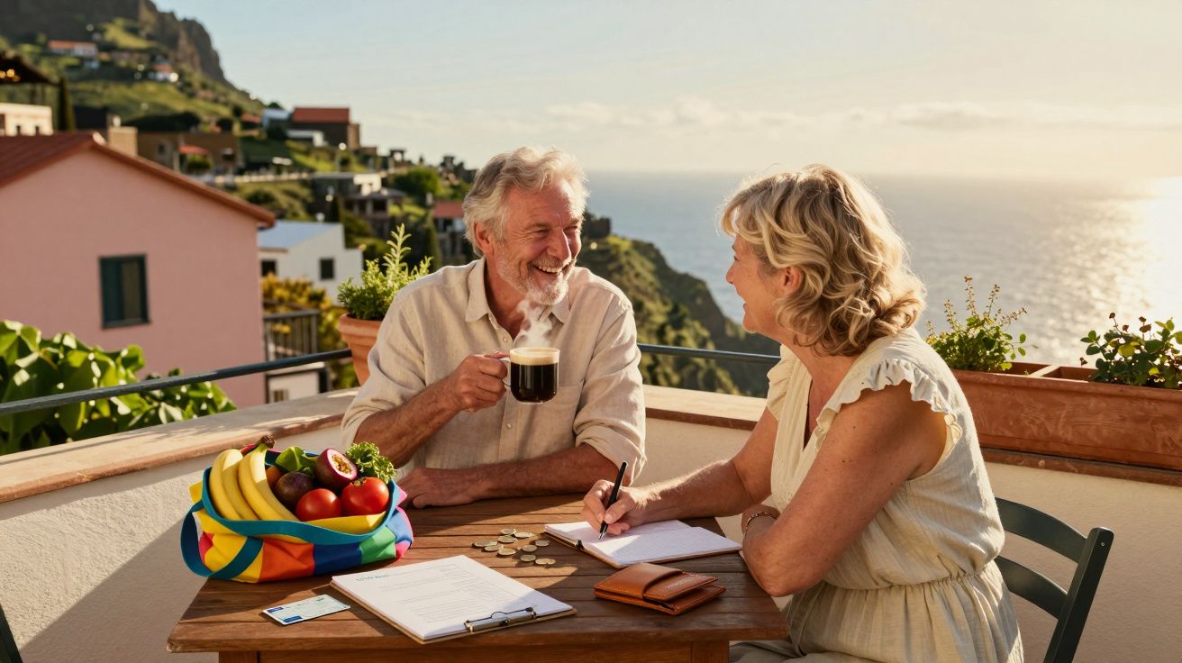Casal sénior sorridente a conversar e fazer contas numa mesa ao ar livre com frutas e mar ao fundo.