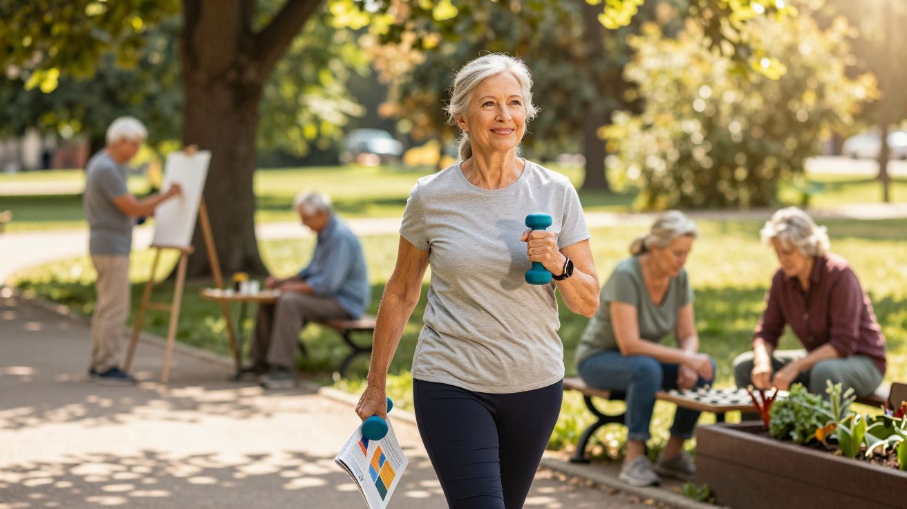 Mulher sénior a caminhar no parque com halteres nas mãos e pessoas idosas a pintar e jogar tabuleiro ao fundo.