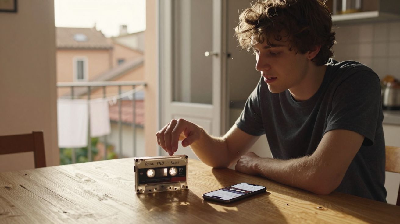 Jovem sentado à mesa a tocar numa cassete enquanto um telemóvel está à sua frente numa cozinha iluminada.