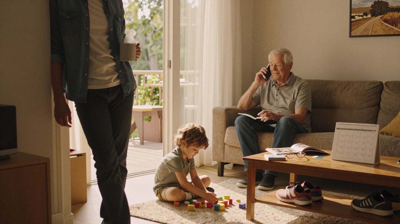 Criança a brincar com blocos no chão, homem idoso sentado no sofá ao telefone, adulto de pé com chávena.