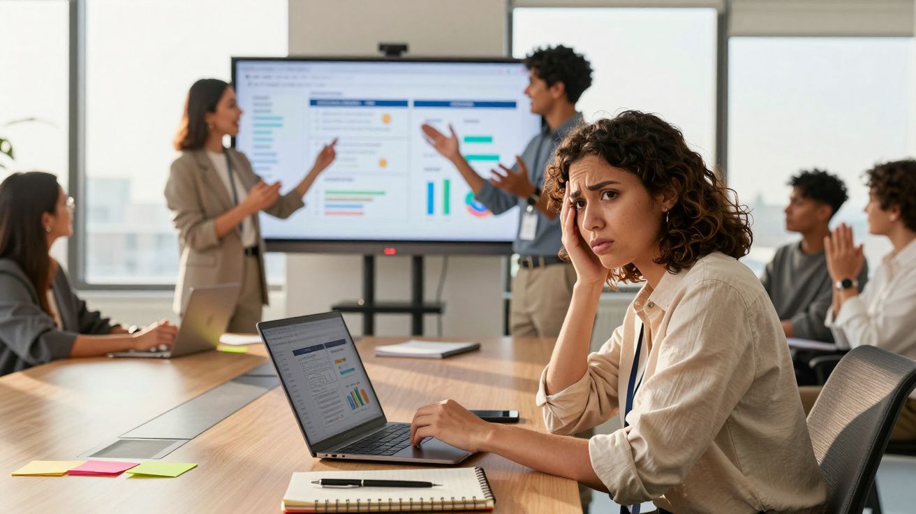 Jovem mulher com expressão preocupada durante reunião de negócios com colegas a apresentar dados numa sala.