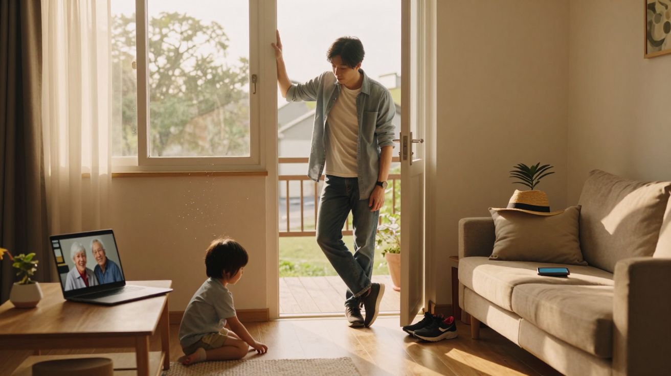 Homem encostado na porta entre sala e varanda, criança sentada no chão e videochamada com idosos no portátil.