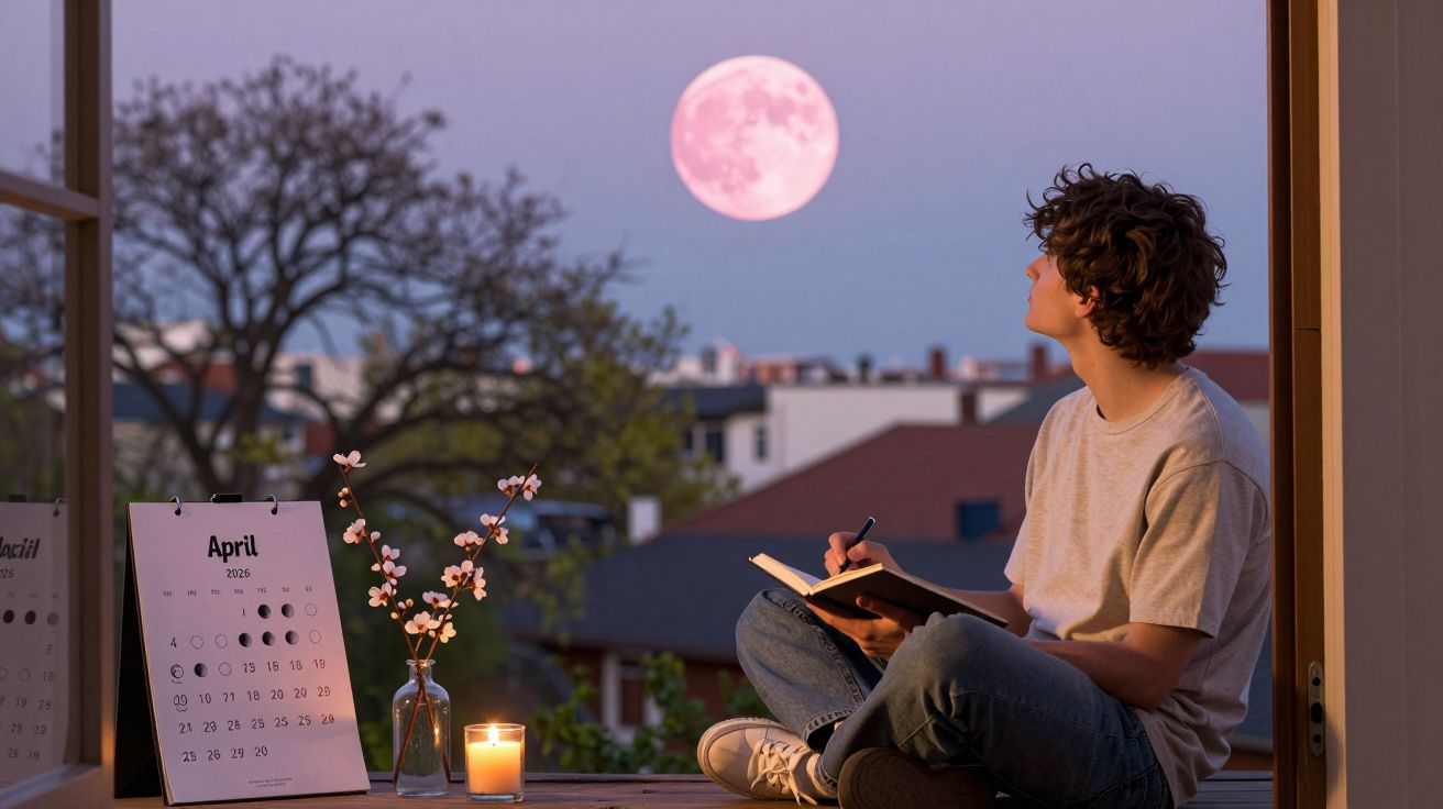 Pessoa sentada à janela a escrever num caderno, com lua cheia, vela acesa e calendário de abril visíveis.