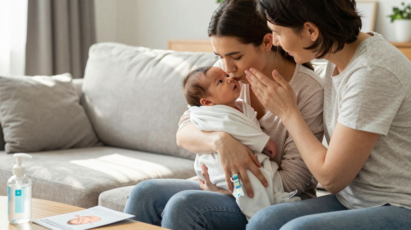 Duas mulheres sentadas no sofá a cuidar e acolher um bebé recém-nascido embrulhado numa manta branca.