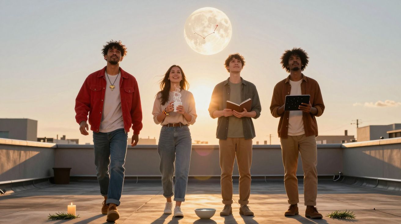Quatro jovens na cobertura ao pôr do sol com objetos relacionados à astrologia e a lua cheia no céu.