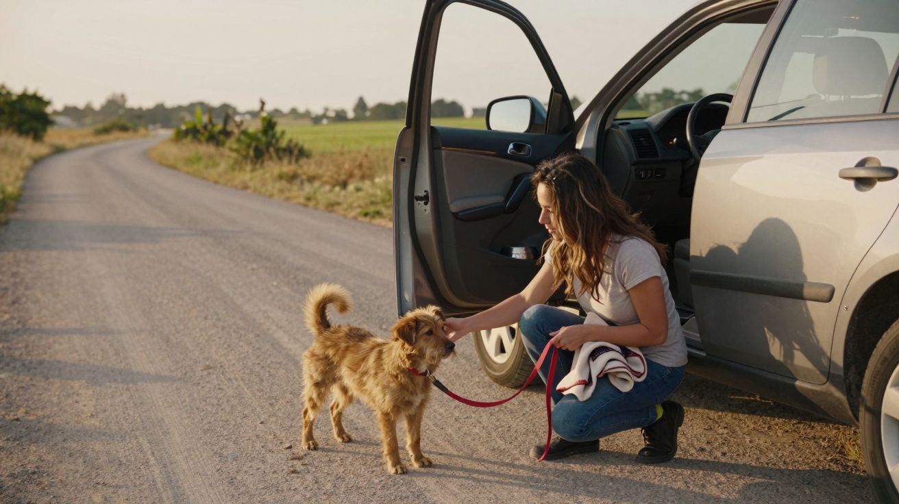 Mulher ajoelhada a acariciar cão castanho junto a carro estacionado numa estrada rural de terra batida.