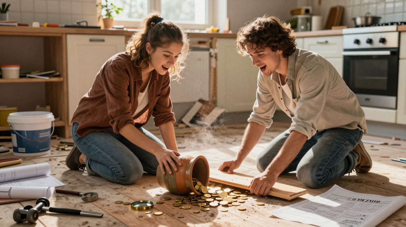 Casal jovem entusiasmado a ver moedas de ouro caírem de um vaso no chão da cozinha em obras.