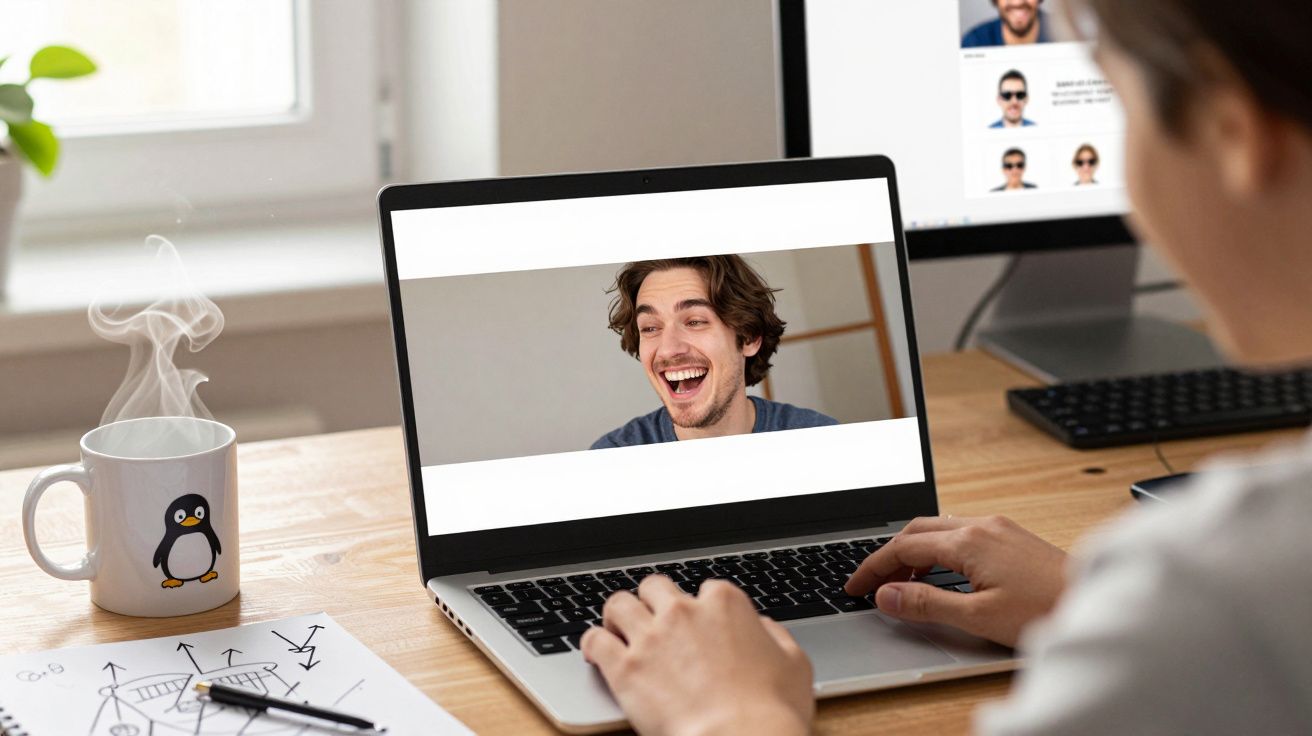 Pessoa a participar numa videochamada num portátil, com caneca fumegante e papéis com gráficos na secretária.