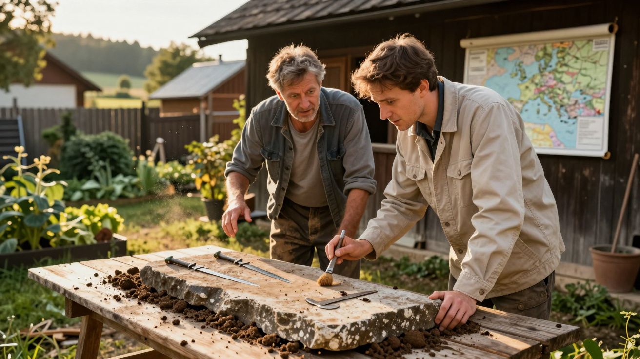 Dois homens a analisar uma grande pedra antiga com ferramentas numa mesa ao ar livre, num ambiente rural.