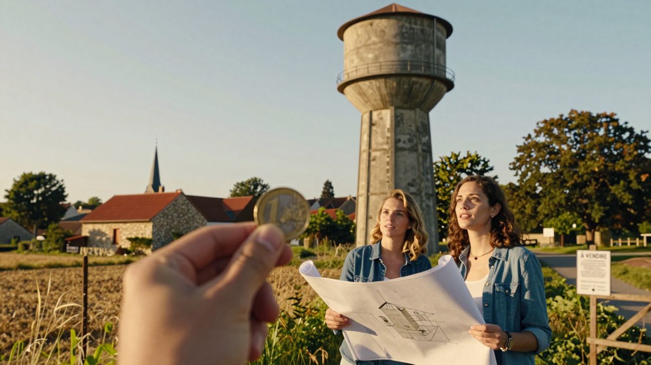 Mão segurando moeda com duas mulheres a analisar planta junto a torre de água numa zona rural.