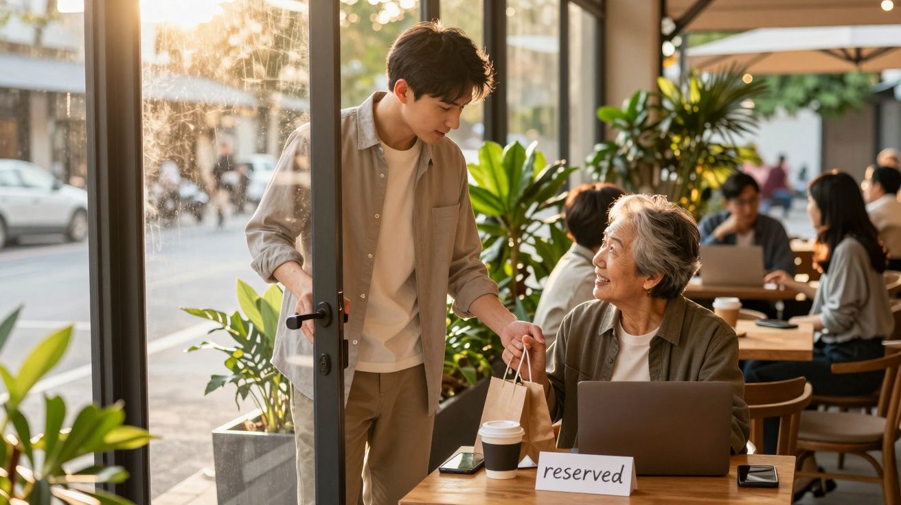 Jovem entrega sacola a senhora sentada num café reservado com computador portátil e bebida quente na mesa.